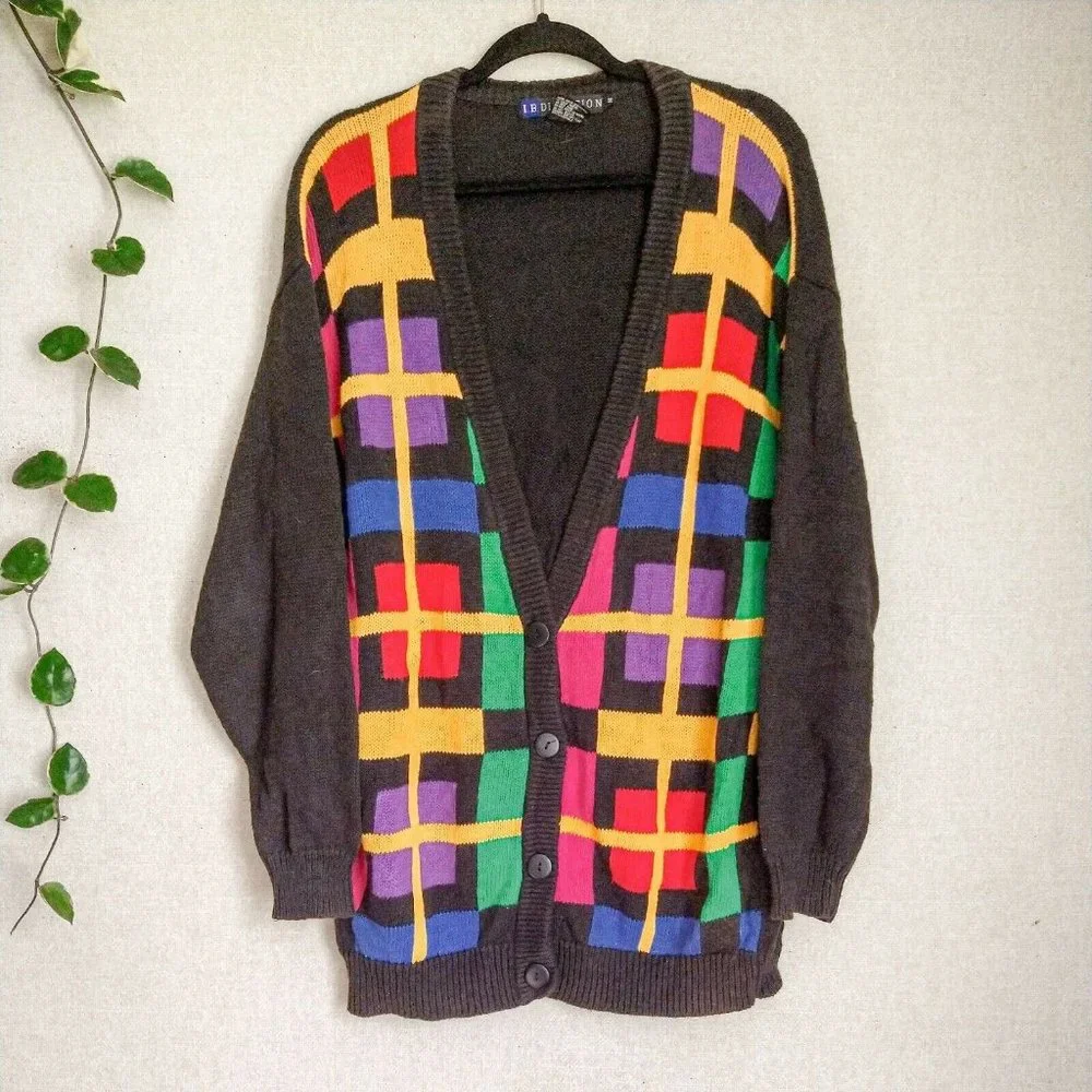Vintage I.B. Diffusion Bold Black Plaid Knitted Deep V Cardigan Sweater Size S